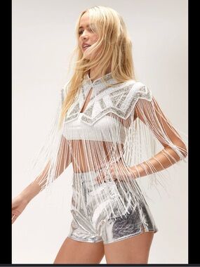 Nasty Gal White & Silver Sequin Fringe Crop Top & Bottoms NWT